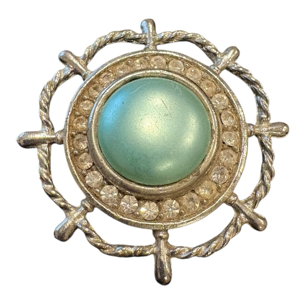 Vintage Silver Tone Brooch w/Aqua Cabochon & Rhinestone Halo Nautical Design J14